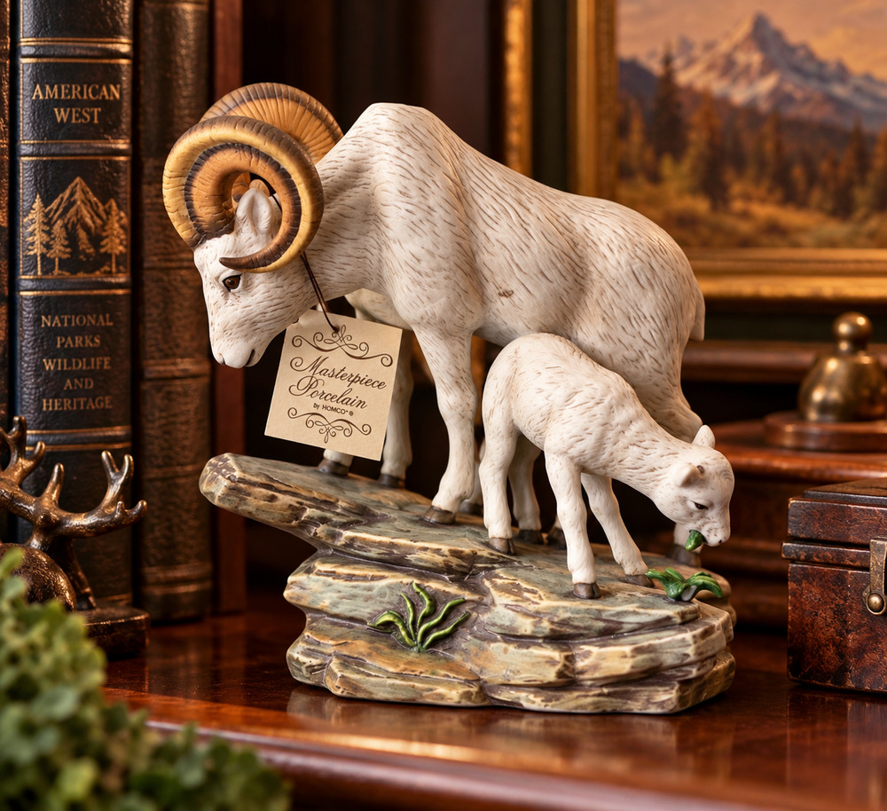 Vintage 1984 HOMCO Masterpiece Porcelain Bighorn Ram Lamb Figurine Tag
